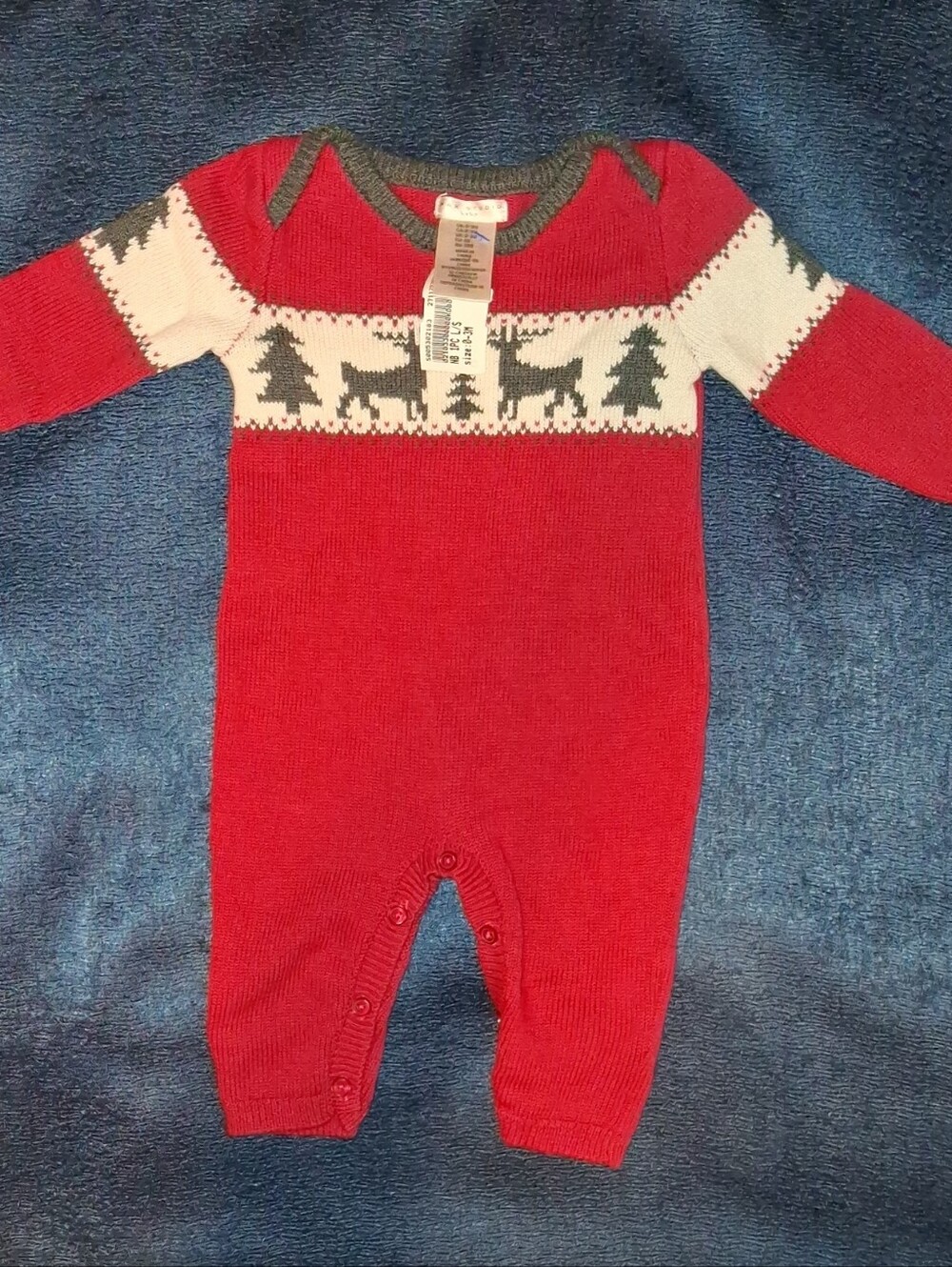Max Studio Red Knit One-Piece with Cream and Gray Reindeer Motif